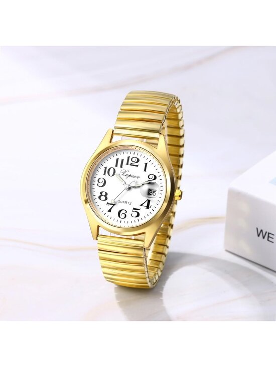Womens Gold Analog Quartz Luminous Easy Reader Stretch Band Calendar Wrist Watch
